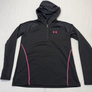 Under Armour Youth Large Hoodie Girls Black Pink Logo 1/4 Zip Pullover Loose Fit